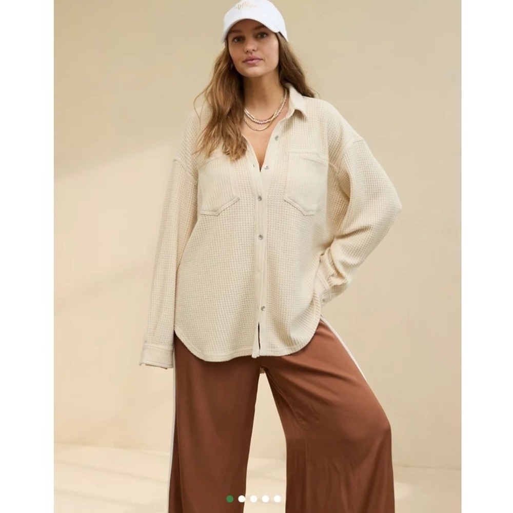 Aerie Waffle Knit Button Down Shirt Shacket Cream Beige Oversized Thermal Top XL